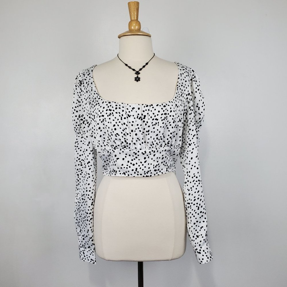 Misguided Tall Off-White Black Polka Dot Milkmaid Long Sleeve Crop Top Size 8